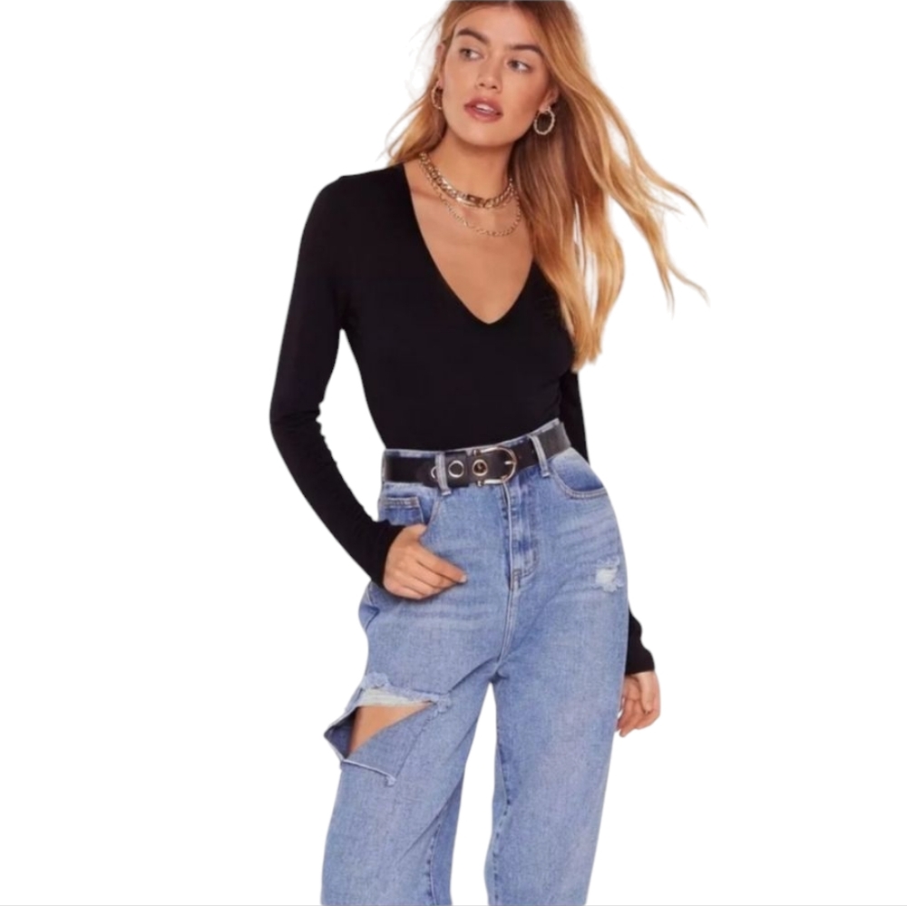 Nasty Gal V You Scoop Neck Jersey Bodysuit Black US 4 Snap Closure